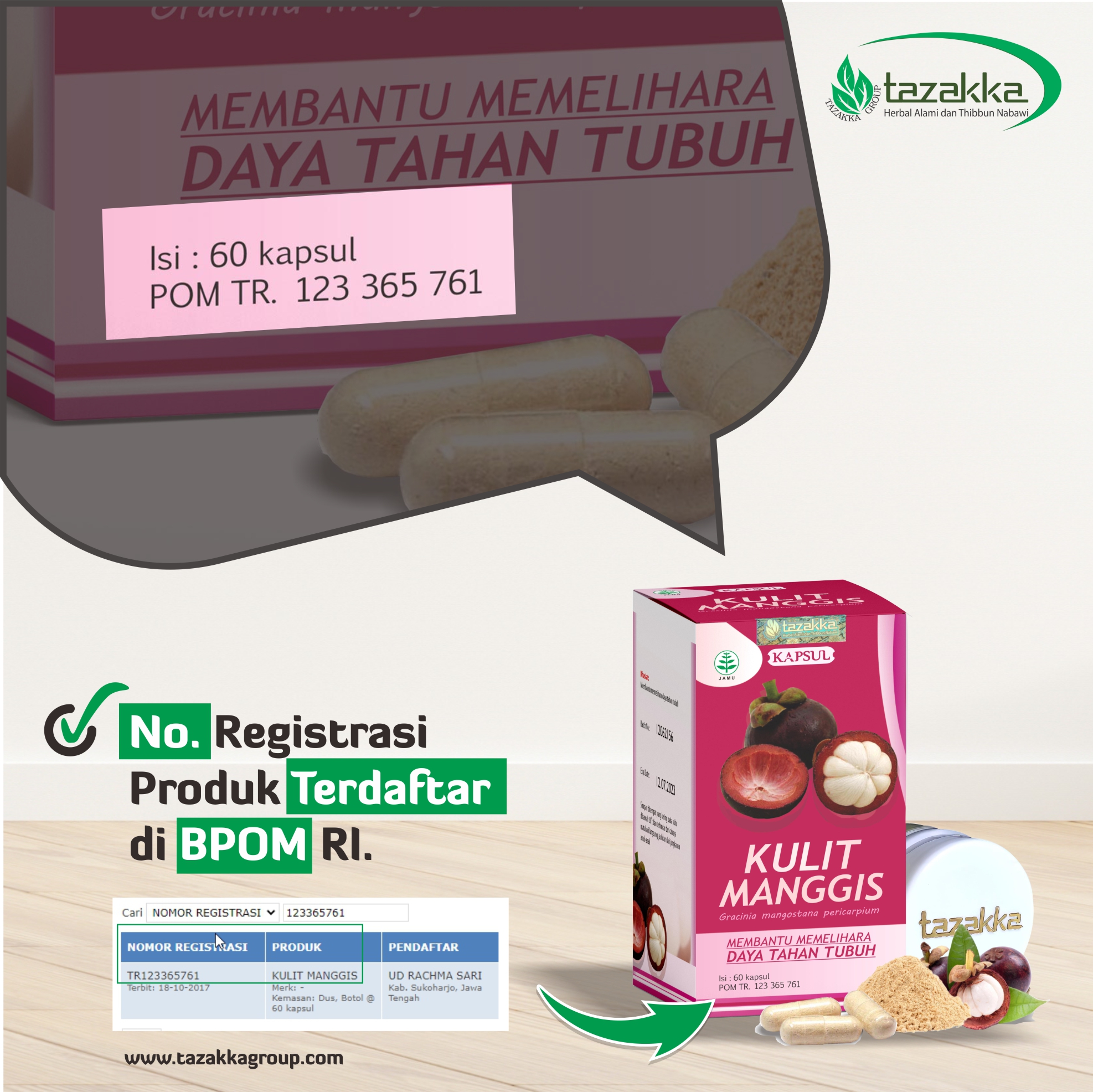 ciri produk Tazakka original nomor POM terdaftar memiliki izin edar