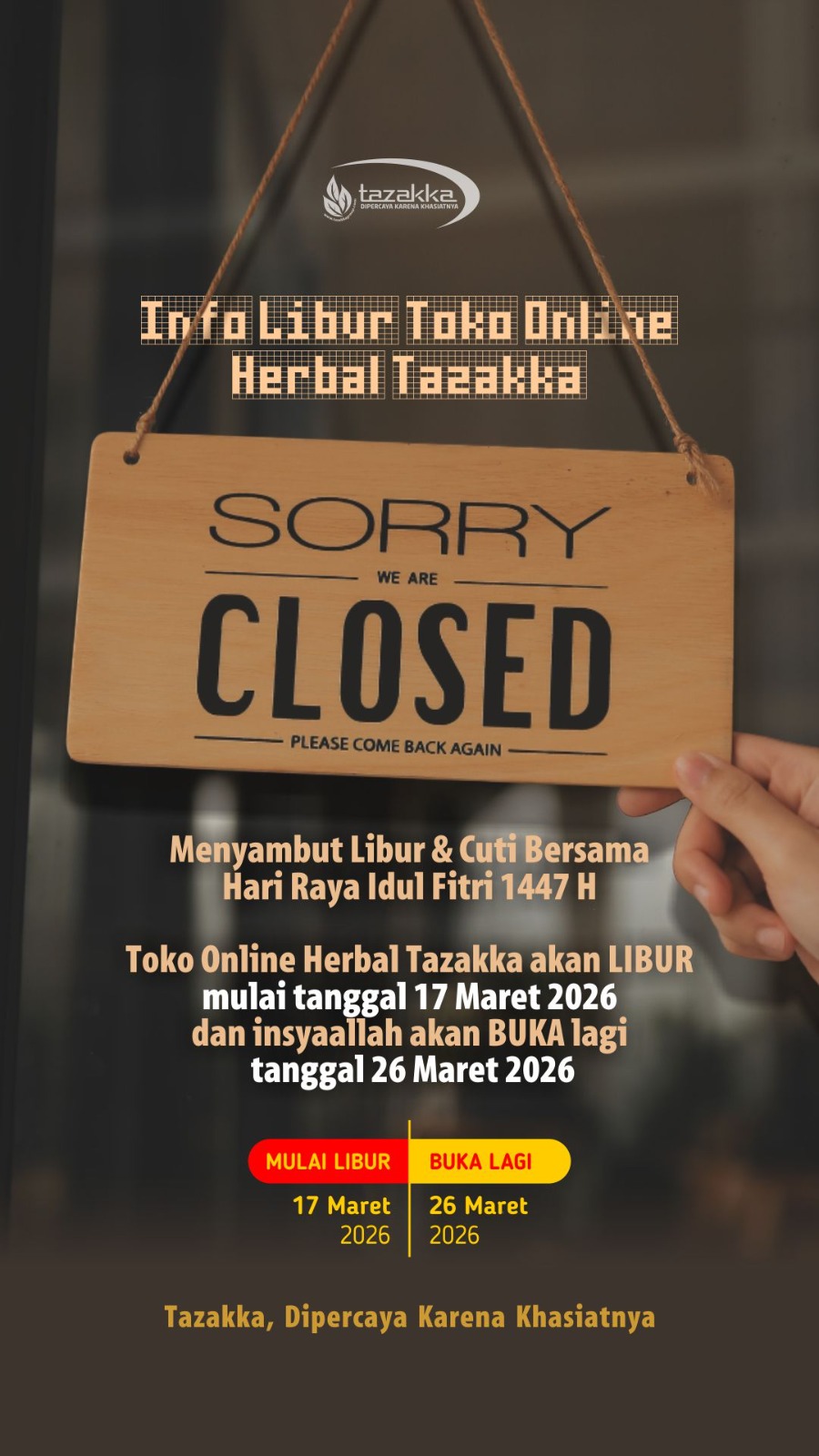 info close open order Tazakka 2026