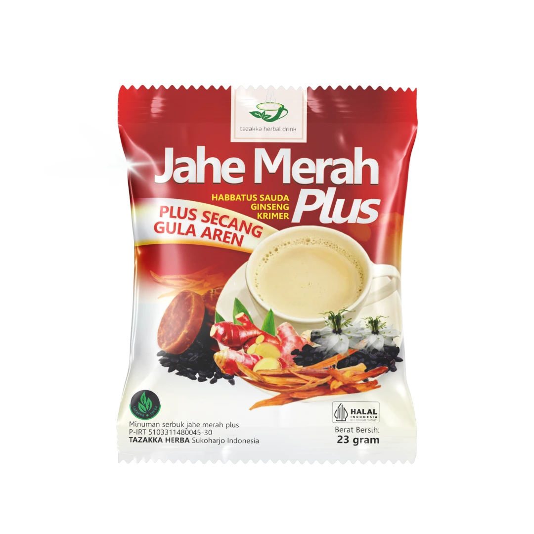 Jahe Merah Plus Tazakka Minuman Serbuk Herbal Jahe Merah, Secang, Habbatus Sauda & Ginseng